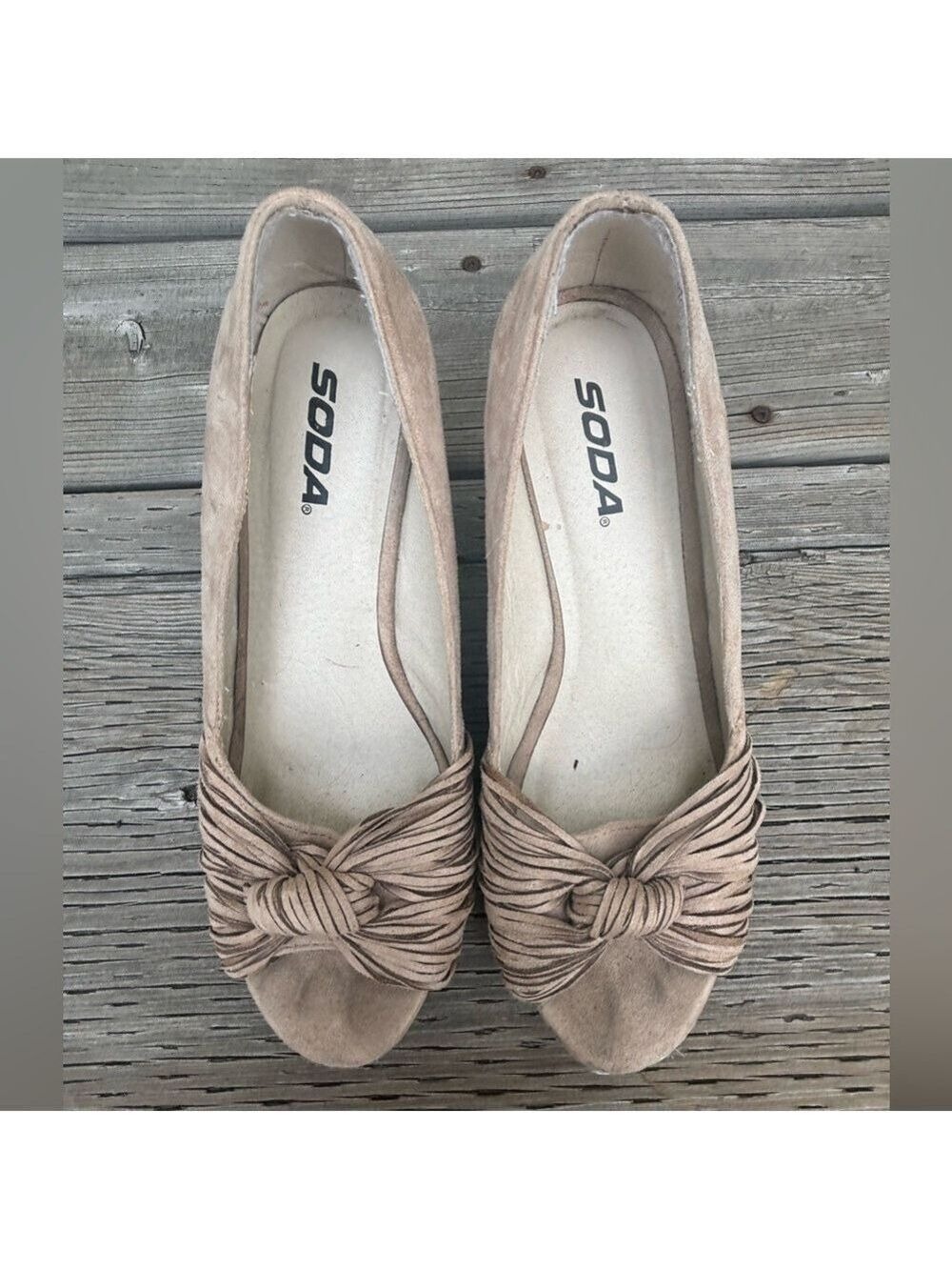 Soda Tan Peep Toe Wedge Shoes Textured Heel - Picture 3 of 5